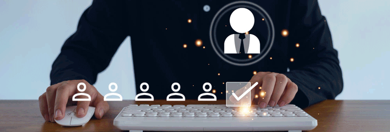 a person seen selecting candidates in a hiring process using his desktop computer
